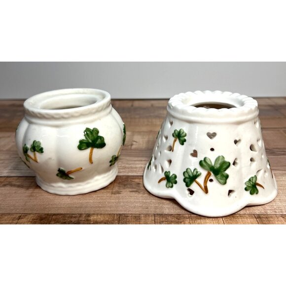 Shamrock Pattern Ceramic Candle Holder & Shade Decorative Perforated Design - Picture 1 of 3